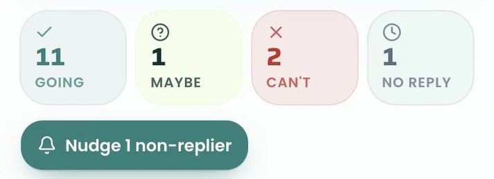 Availability replies for a fixture: 11 going, 1 maybe, 2 can't, 1 no reply, with a nudge button