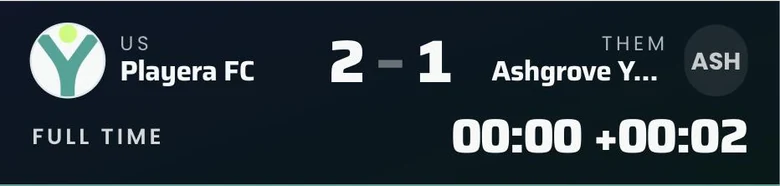Live match scoreboard reading Playera FC 2, the away team 1, at full time with the clock stopped