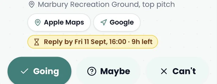 Parent view of an event with map links, a reply deadline and going, maybe and can't buttons