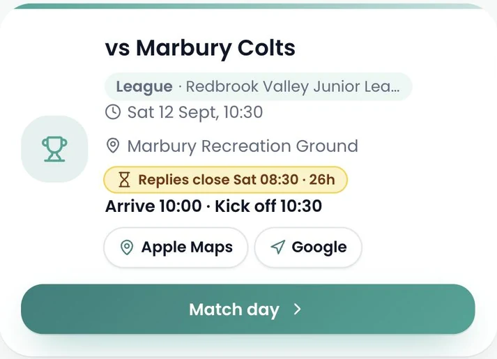 Fixture card for a league match against Marbury Colts at Marbury Recreation Ground, 10:30 kick-off, with a reply countdown and a match day button