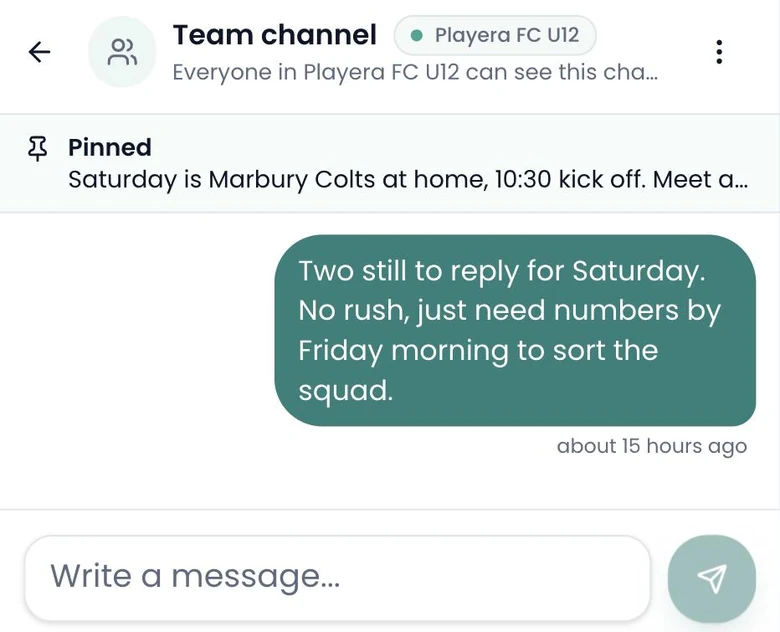 Team channel chat with a pinned note about the weekend fixture and a coach message asking for the last two replies